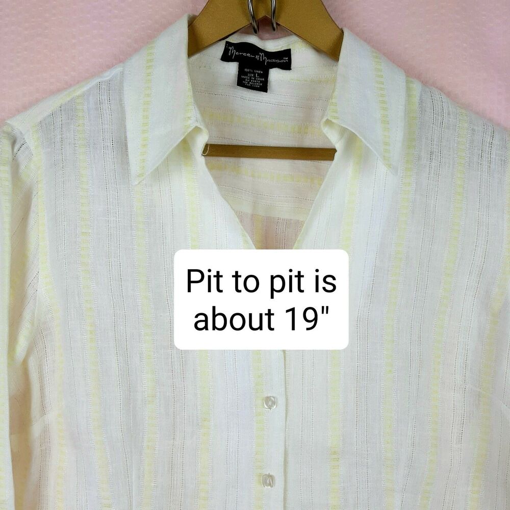 Mercer & Madison Women White and Yellow 100% Linen Button Shirt Long Sleeve Sz L - Picture 3 of 11